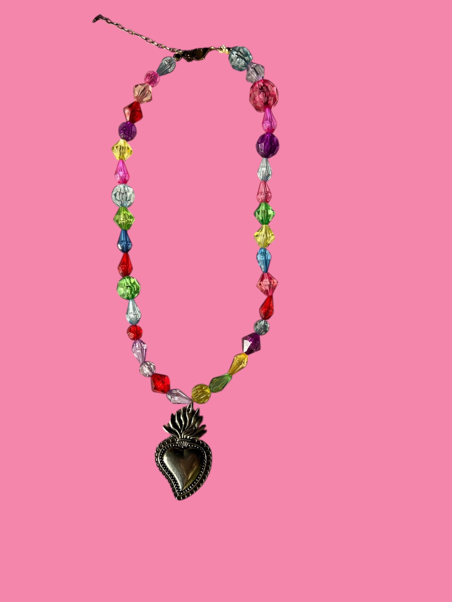 Beaded Necklace with Large Sacred Heart Pendant