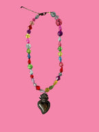 Beaded Necklace with Large Sacred Heart Pendant