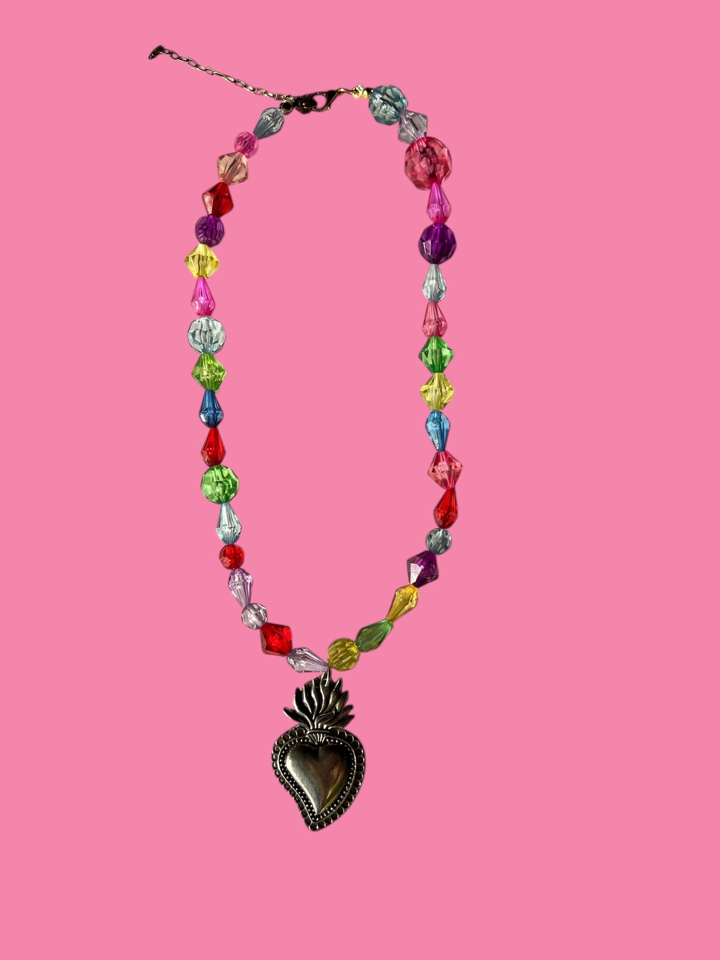 Beaded Necklace with Large Sacred Heart Pendant