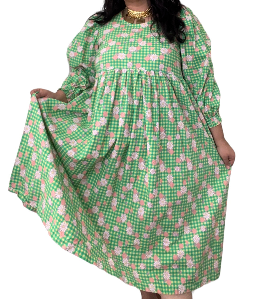 Lime Green Floral Plaid Floral Vintage Inspired Mumu Mothball Dress