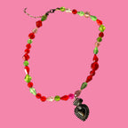 Green & Red Beaded Sacred Heart Necklace