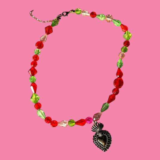 Green & Red Beaded Sacred Heart Necklace