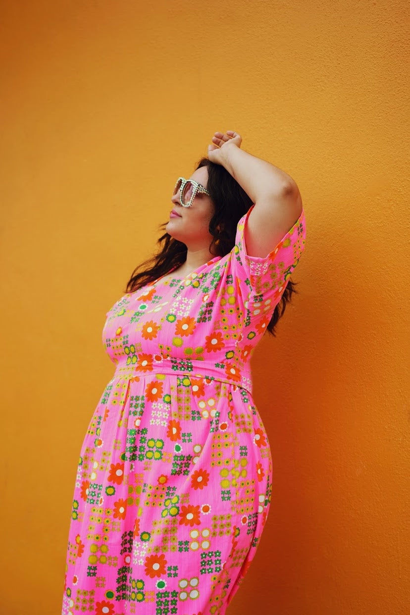 Neon Pink Floral Vintage Inspired Mums Mothball Dress