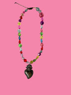 Beaded Necklace with Large Sacred Heart Pendant