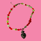 Green & Red Beaded Sacred Heart Necklace