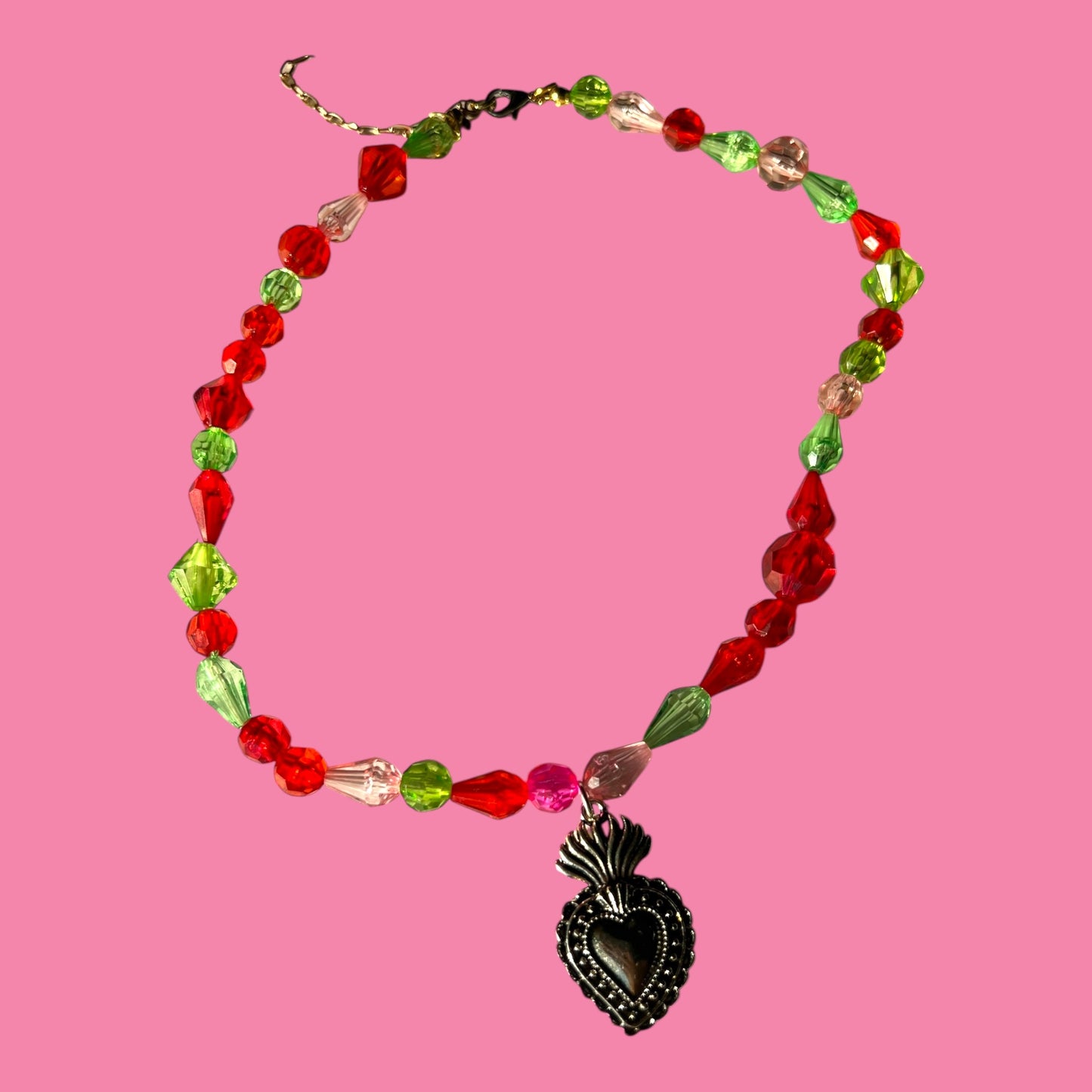 Green & Red Beaded Sacred Heart Necklace
