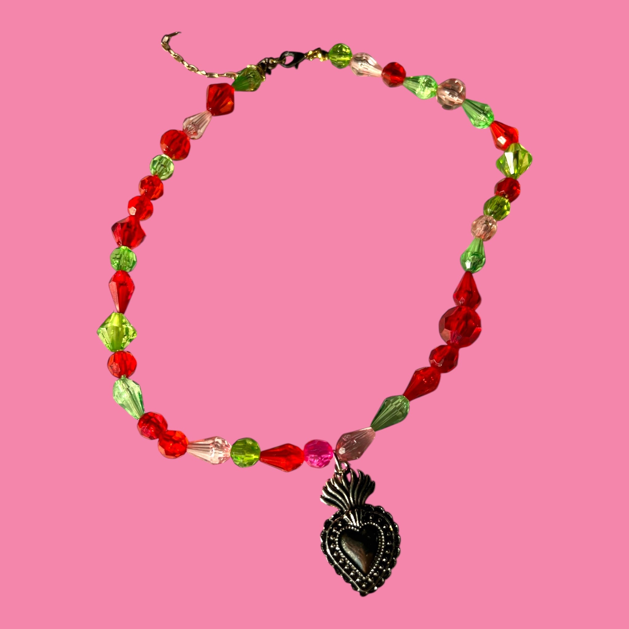 Green & Red Beaded Sacred Heart Necklace