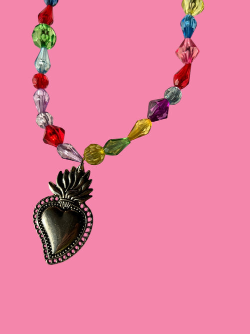 Beaded Necklace with Large Sacred Heart Pendant